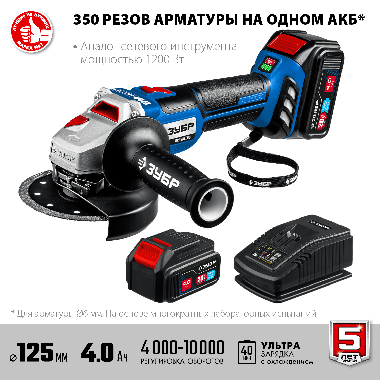 Бесщеточная УШМ, 2 АКБ (4 Ач), в сумке AB-125-42